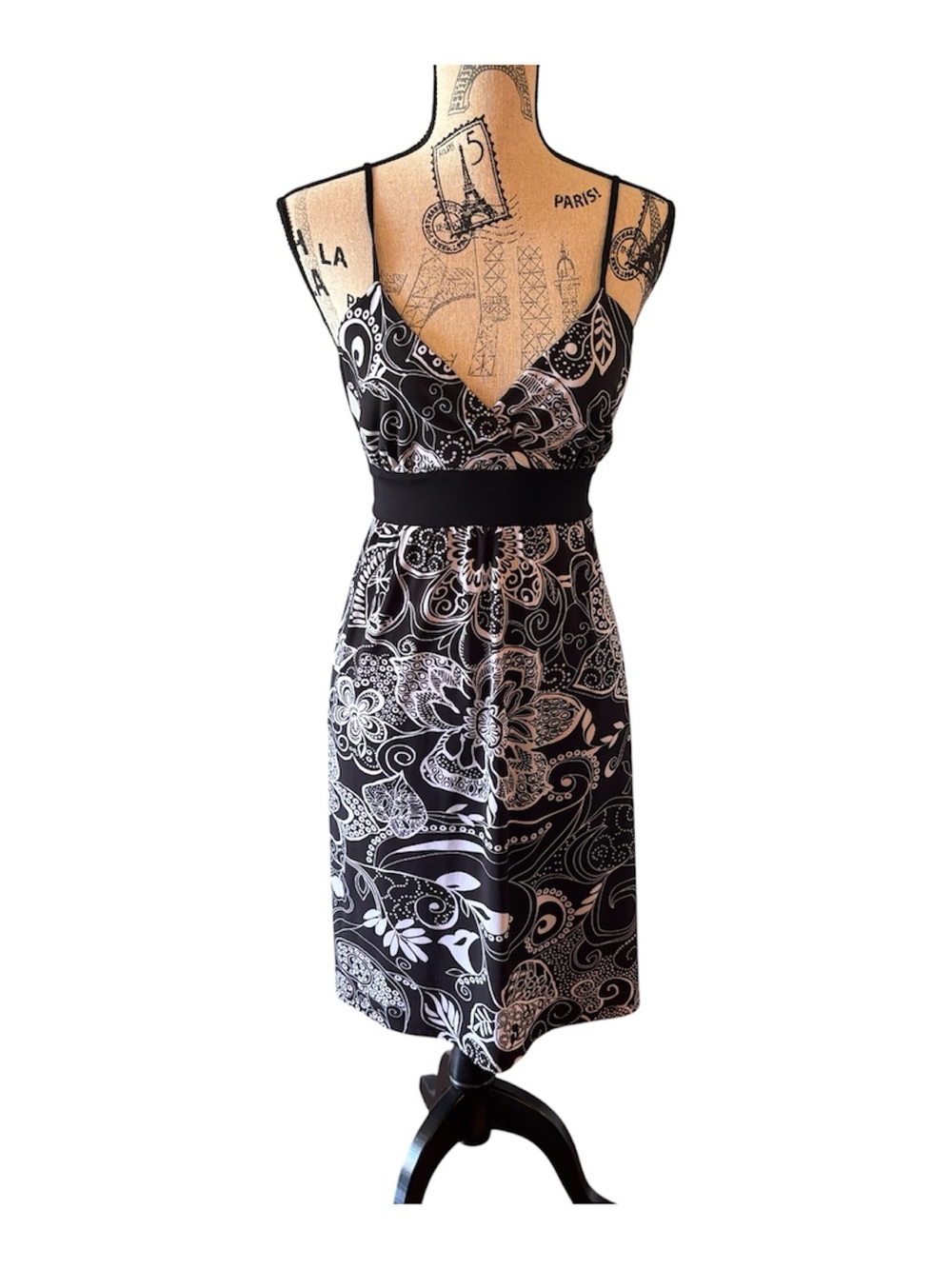 Waxing Poetic Black and White Paisley V‑Neck Midi Dress